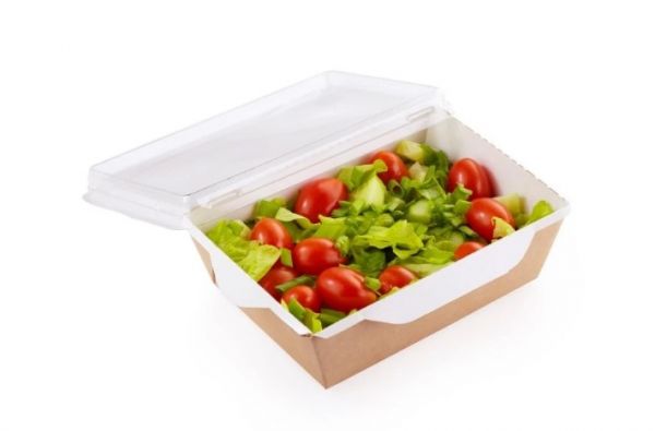 Контейнер паперовий 500 мл з плоскою РЕТ кришкою крафт/білий 1РЕ 165*115*45 мм