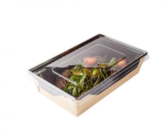 Контейнер паперовий 800 мл з плоскою РЕТ кришкою крафт/чорний 215*126*55 мм