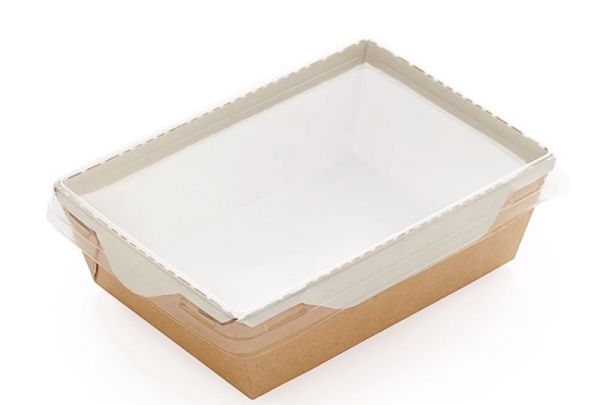 Контейнер паперовий 800мл з плоскою РЕТ кришкою крафт/білий 1РЕ 207*127*55 мм