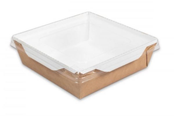 Контейнер паперовий 900 мл з плоскою РЕТ кришкою крафт/білий 1РЕ 150*150*150 мм