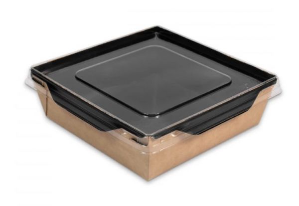 Контейнер паперовий 900 мл з плоскою РЕТ кришкою крафт/чорний 1РЕ 150*150*150 мм