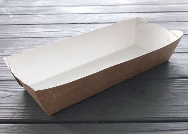 Картонна тарілка Човник 133*91*35 мм з ламінацією КРАФТ/БІЛА 