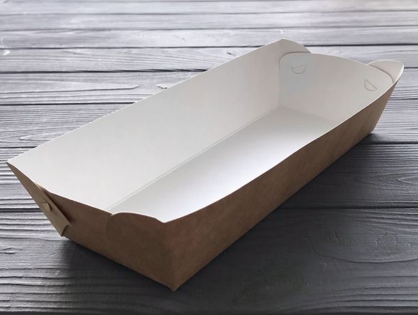 Картонна тарілка Човник 133*91*35 мм з ламінацією КРАФТ/БІЛА 