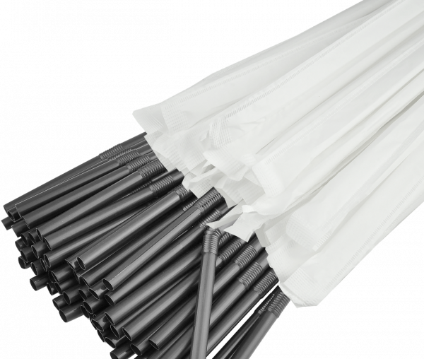 Трубочки з гофрой d-4.8 мм L-210 мм чорні в індивідуальній паперовій упаковці 200 шт