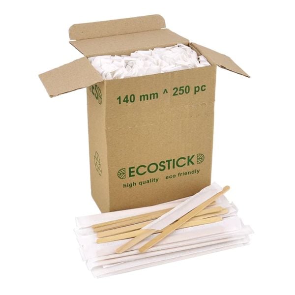 Мішалка дерев'яна в коробці ECOSTICK подвійна товщина 140*6*2мм 250 шт в індив.папер.упак