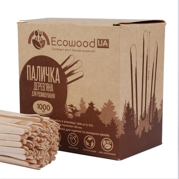 Мішалка дерев'яна в коробці ПРЕМІУМ 140*6*1.8 мм 1000 шт