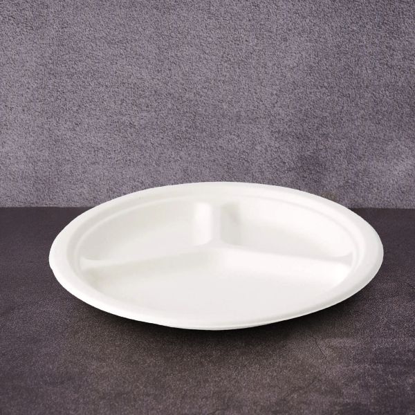 Тарілка БІО з цукрової тростини трисекційна d-22,5 см БІЛА 50 шт