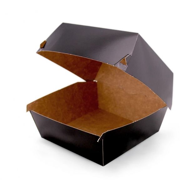 Упаковка картонна для гамбургера та бургера зібрана 118*118*86 мм КРАФТ/ЧОРНА