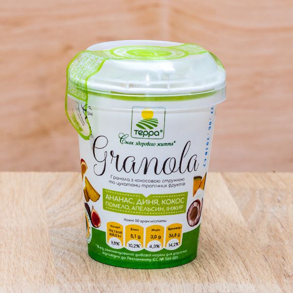 Гранола ТЕРРА Ананас, Диня, Кокос ,Помело, Апельсин, Інжир стакан 50 г
