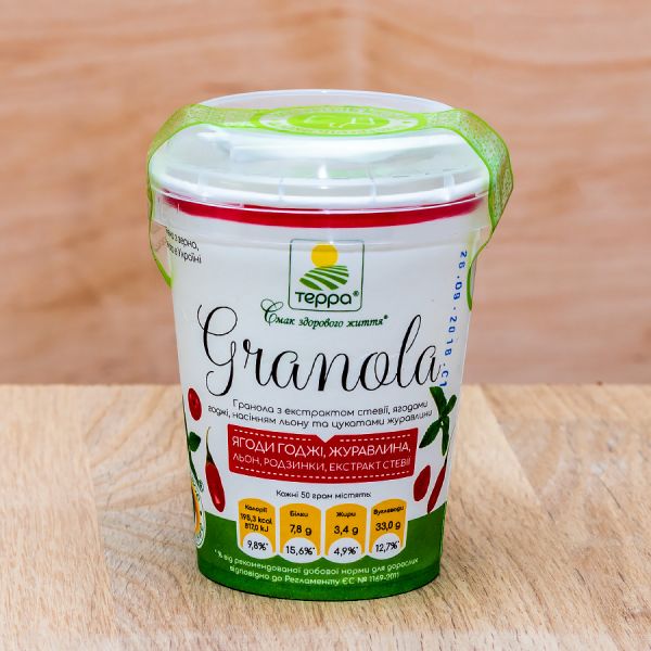 Гранола ТЕРРА Ягоди годжі, Журавлина, Льон, Родзинки, Стевія стакан 50 г