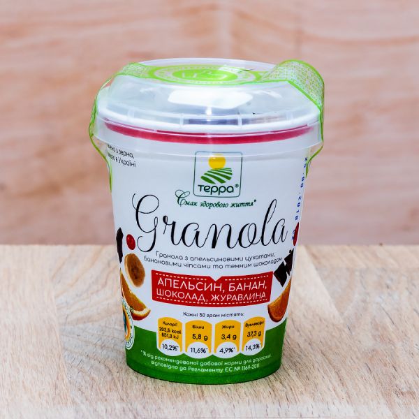 Гранола ТЕРРА Апельсин, Банан, Шоколад, Журавлина стакан 50 г