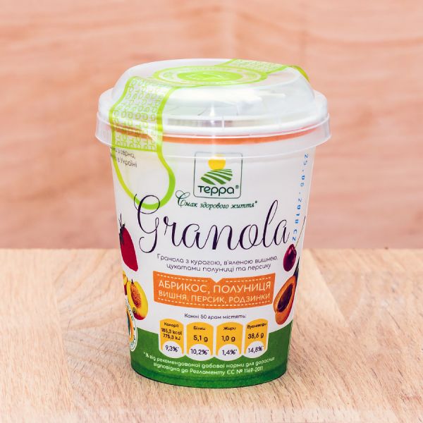 Гранола ТЕРРА Абрикос, Полуниця, Вишня, Персик, Родзинки стакан 50 г