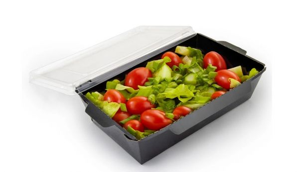 Контейнер паперовий 500 мл з плоскою РЕТ кришкою чорний/чорний 1РЕ 165*115*45 мм