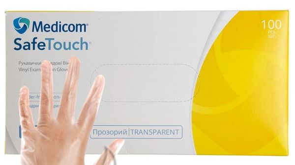 Рукавички вінілові без пудри прозорі MEDICOM розмір M 100 шт