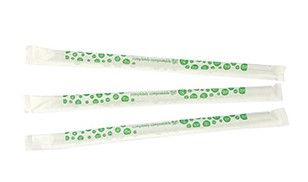 Трубочка прозора Jumbo з зеленою смугою h=210 мм d=7 мм з PLA в паперовій обгортці 300 шт
